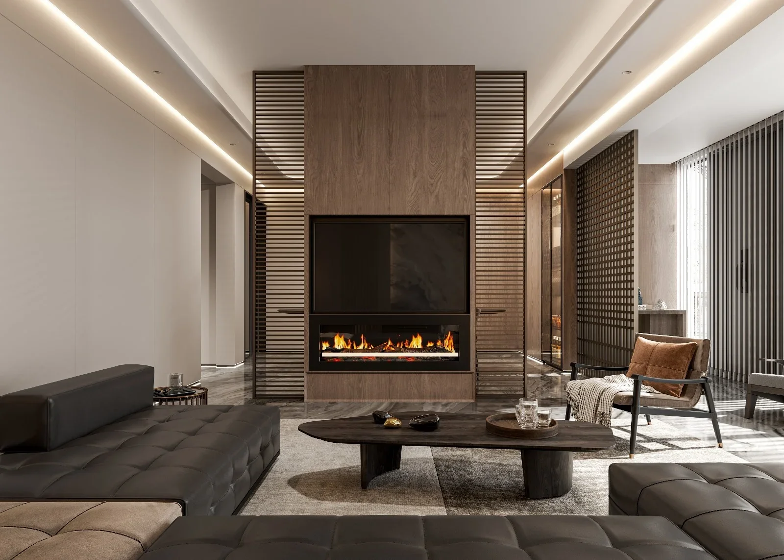 Modern living room with a central fireplace, flat-screen TV, leather couch, wooden coffee table, armchair with throw blanket, and decorative screens.