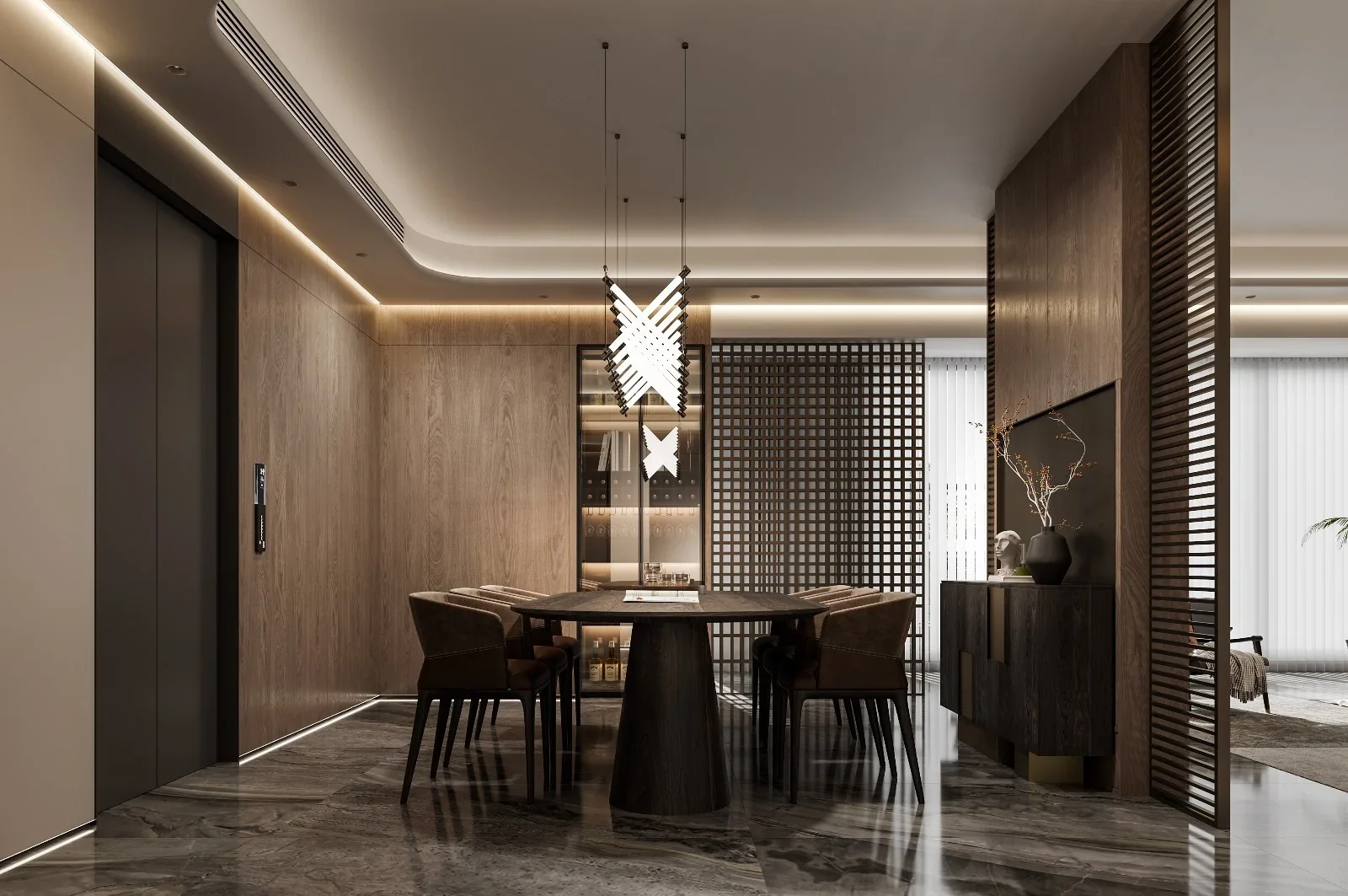 Modern dining area with a round table, six chairs, wooden walls, a decorative hanging light, and a side cabinet with a modern vase and decor, adjacent to a living room with large windows and vertical blinds.