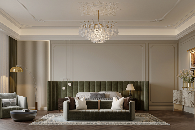 A cozy, well-lit interior corner with built-in cabinets, shelving, and a small seating area with pillows. French chic modern style of walk-in wardrobe / dressing room 法式轻奢，步入式衣帽间，全屋定制，新加坡