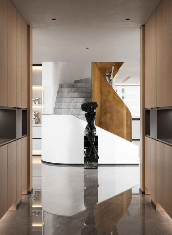 Modern interior hallway with wooden wall panels, a staircase with a curved white and gray design, and a black sculpture positioned at the center.