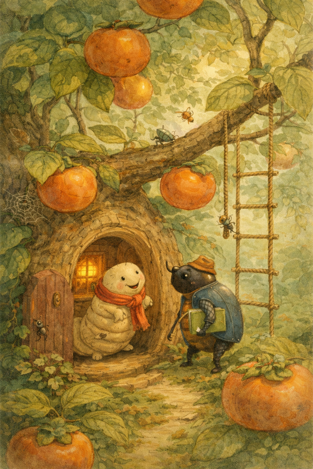An illustration of a whimsical scene in an apple orchard with a mole in a red scarf inside an apple-shaped house, and a beet with a hat holding a notebook outside. The tree is full of large, ripe apples, and bees and ants are buzzing and climbing around. A wooden ladder leans against the tree, and a spider web is visible in the lower left corner.