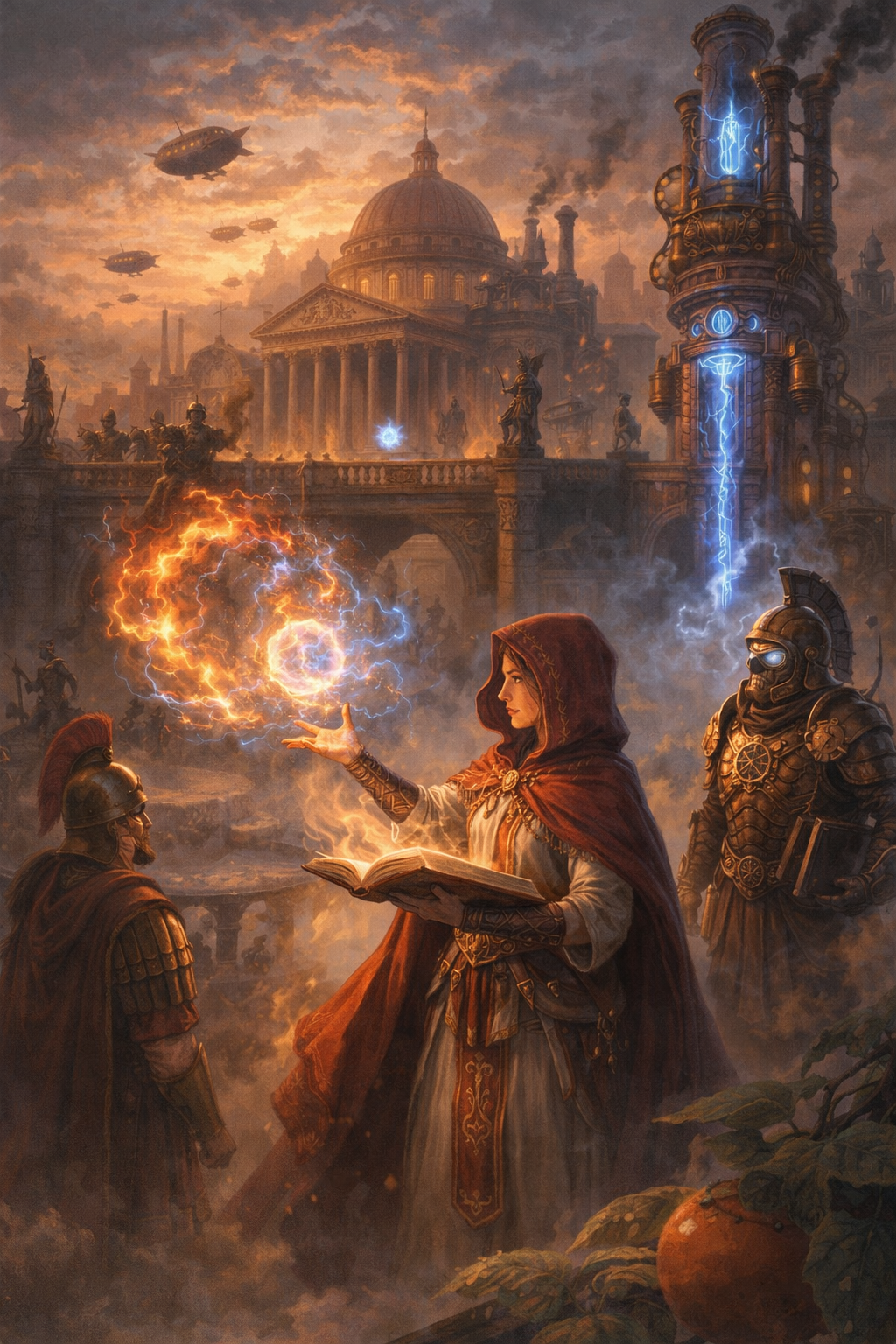 A fantasy scene with a woman in a red cloak casting magical fire from her hand, surrounded by armored soldiers, in front of a burning ancient city with domed buildings and statues, under a sky filled with airships and lightning.