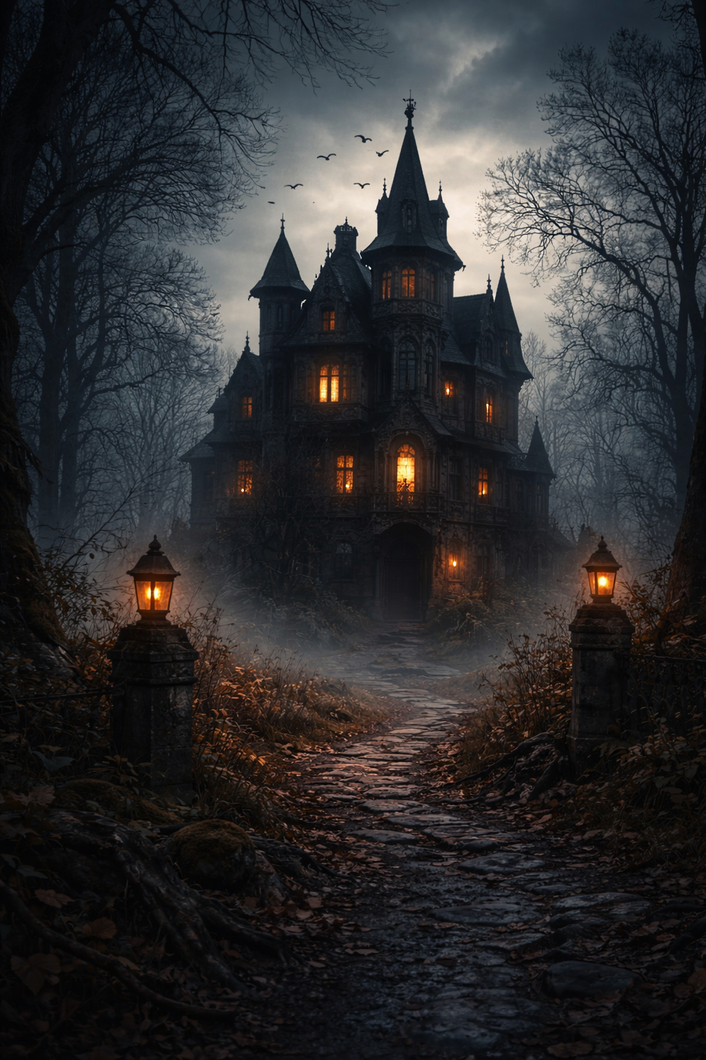 A spooky, dark Gothic mansion with glowing windows, surrounded by leafless trees and fog, lit by old-fashioned lamps on stone posts along a winding stone path.