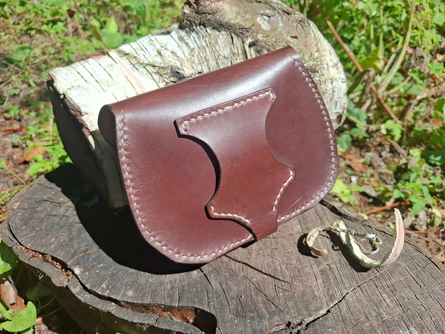 A brown leather purse with a decorative design on the front, sitting on a tree stump outdoors with grass and plants in the background.