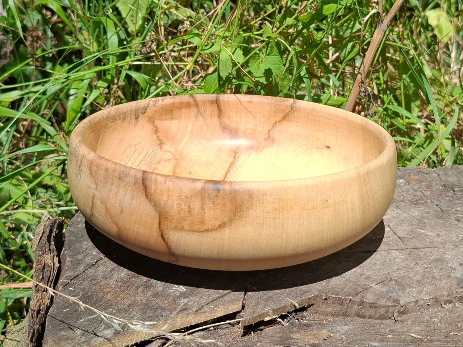 A wooden bowl resting on a tree stump outdoors with green foliage in the background.