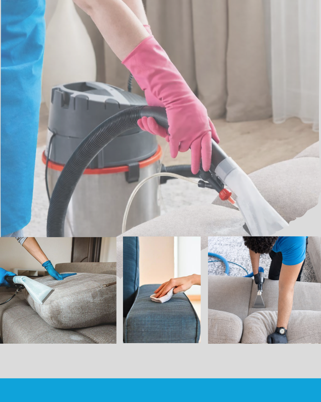 Eine Person in schwarzen Handschuhen säubert ein graues Sofa mit einem Staubsauger.