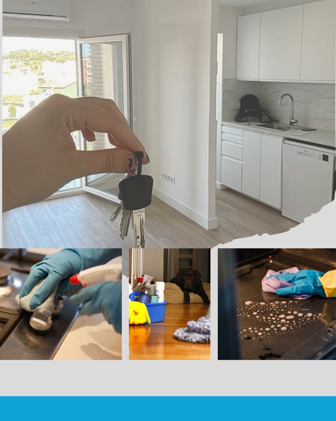 Sicht auf die blauen und orangenen Fassaden eines Mehrfamilienhauses mit Balkonen.