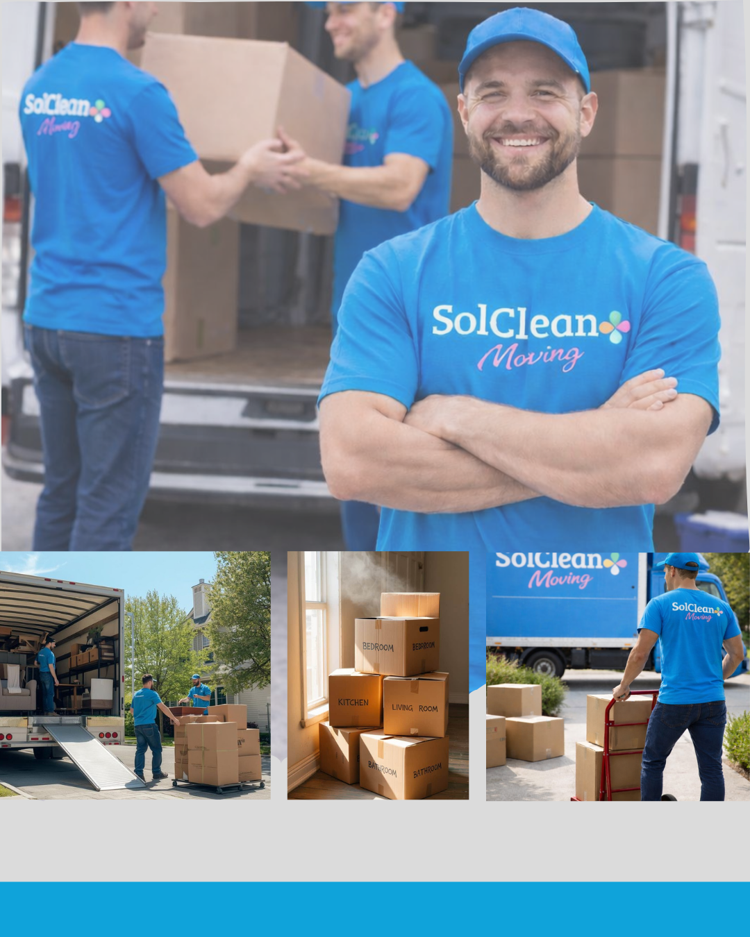 Drei Männer in blauen SolClean Moving T-Shirts und Mützen packen Kartons aus einem Umzugswagen.