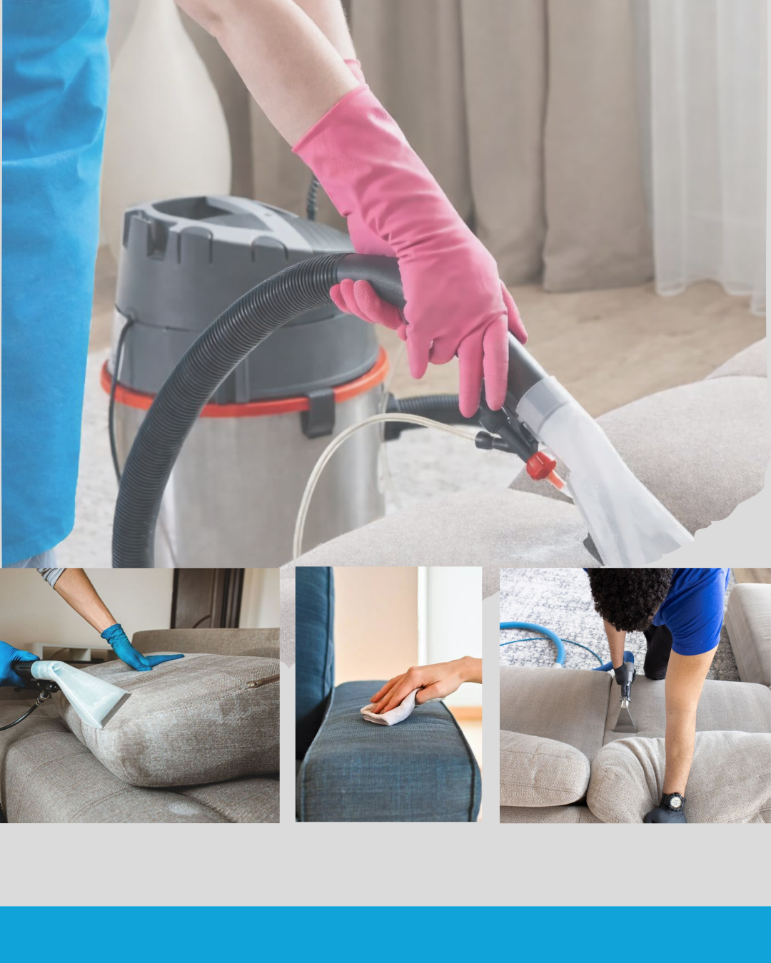 Eine Person in schwarzer Handschuhen verwendet einen Staubsauger, um ein graues Stoffmöbelstück zu reinigen.