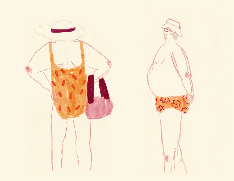Mixed media drawing of a woman wearing an orange bathing suit with a polka dot pattern and a man wearing a hat and orange speedo bathing suit.