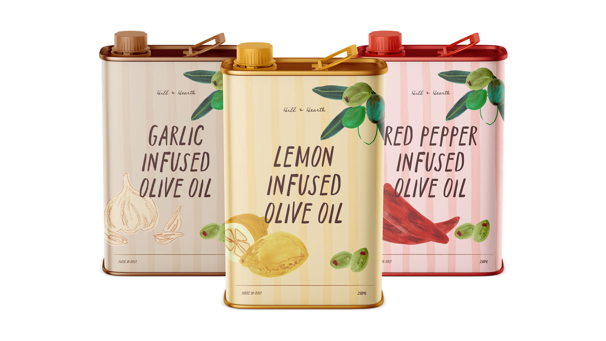 Three infused olive oil bottles with illustrated labels for lemon, garlic, and red pepper varieties.