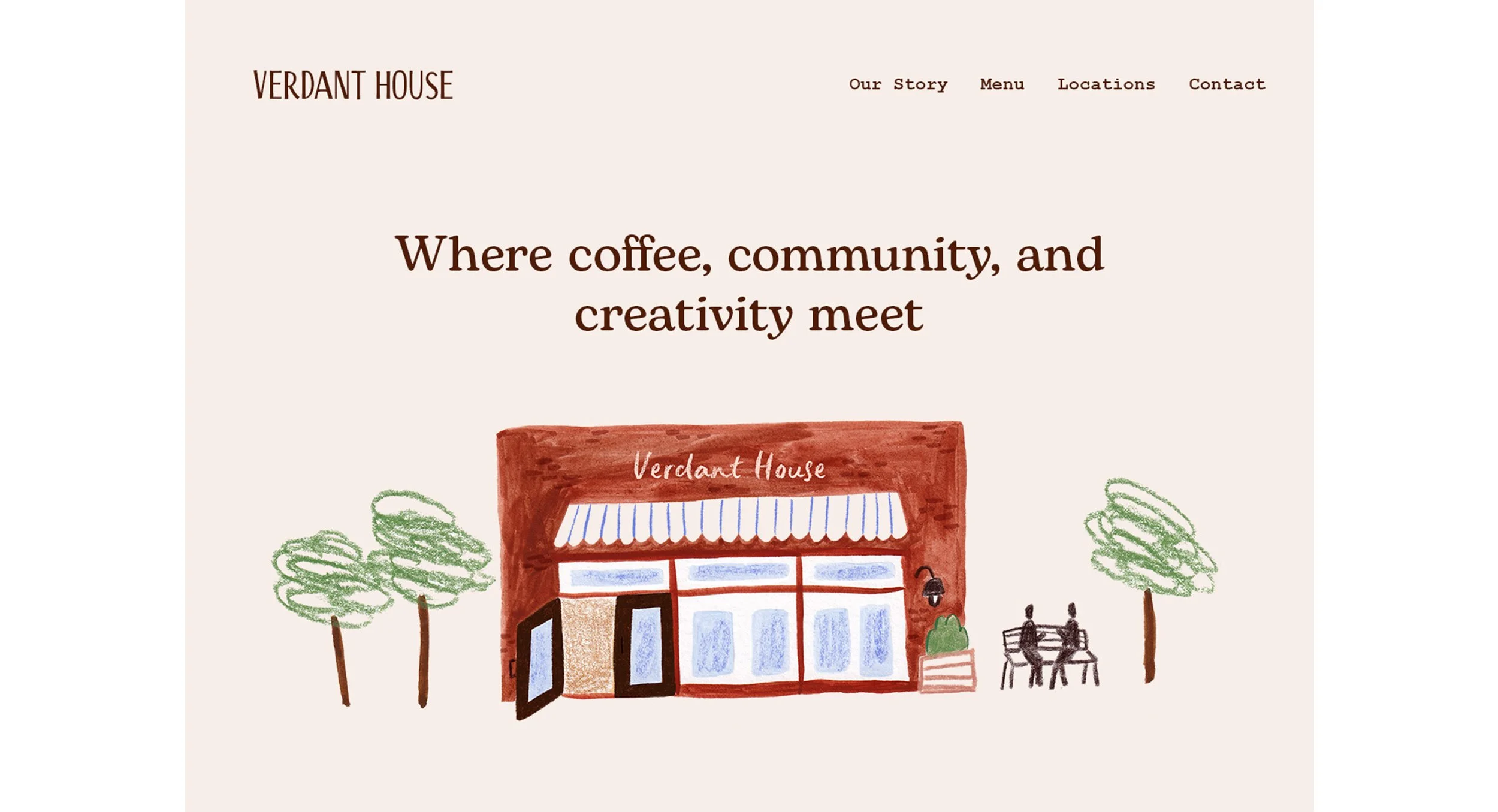 Verdant House coffee shop website homepage with hero text and mixed media illustration of the café exterior.