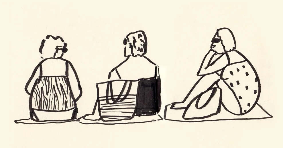 Line drawing of three woman sitting on the people and chatting.