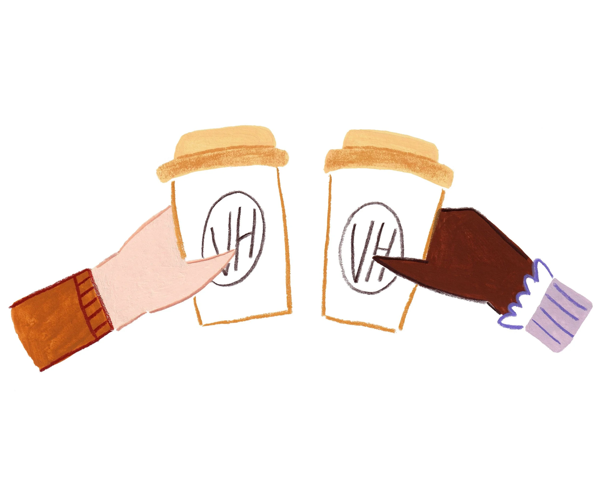 Mixed media illustration of two diverse hands clinking coffee cups together.