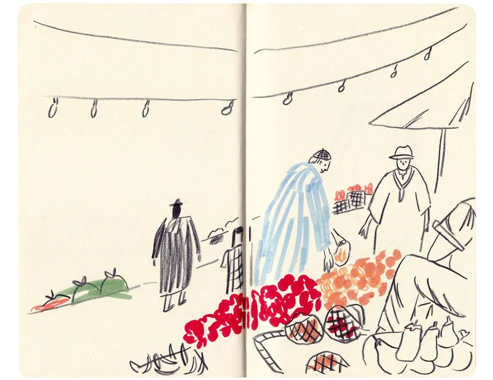Mixed media drawing of people browsing at a farmer's market.