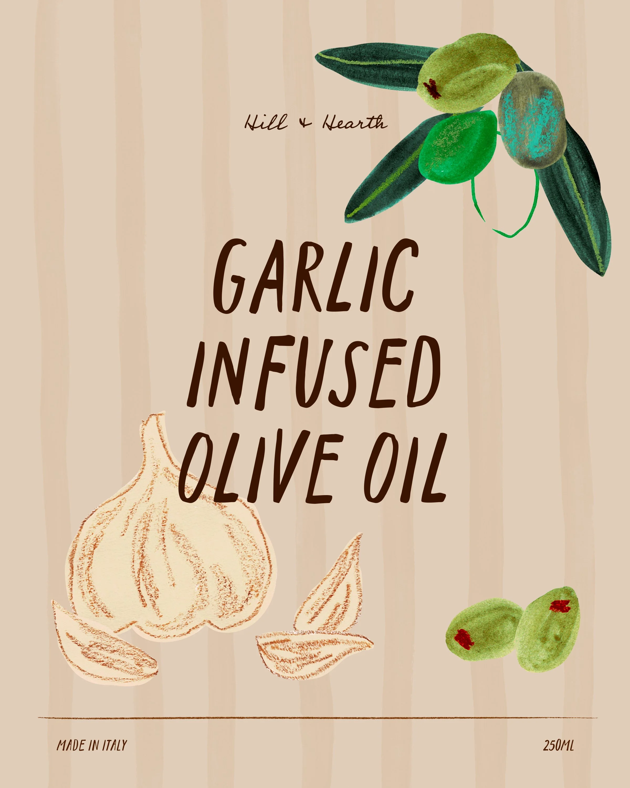 Garlic infused olive oil label design with mixed media illustration of garlic bulbs and olives.
