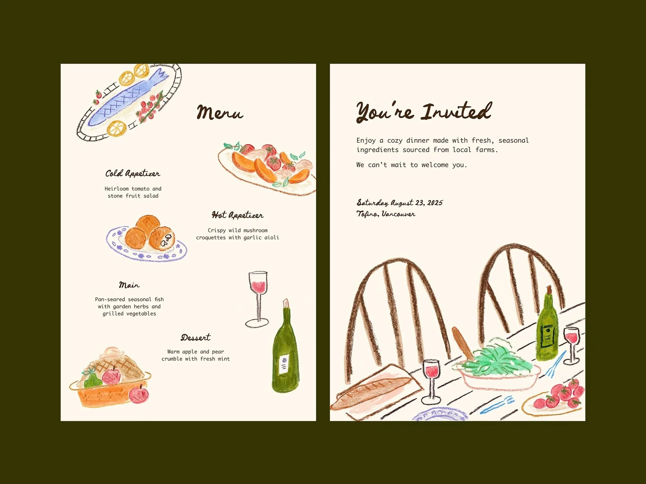 Mixed media illustrated menu and invitation with spring food and wine artwork on dark green background.