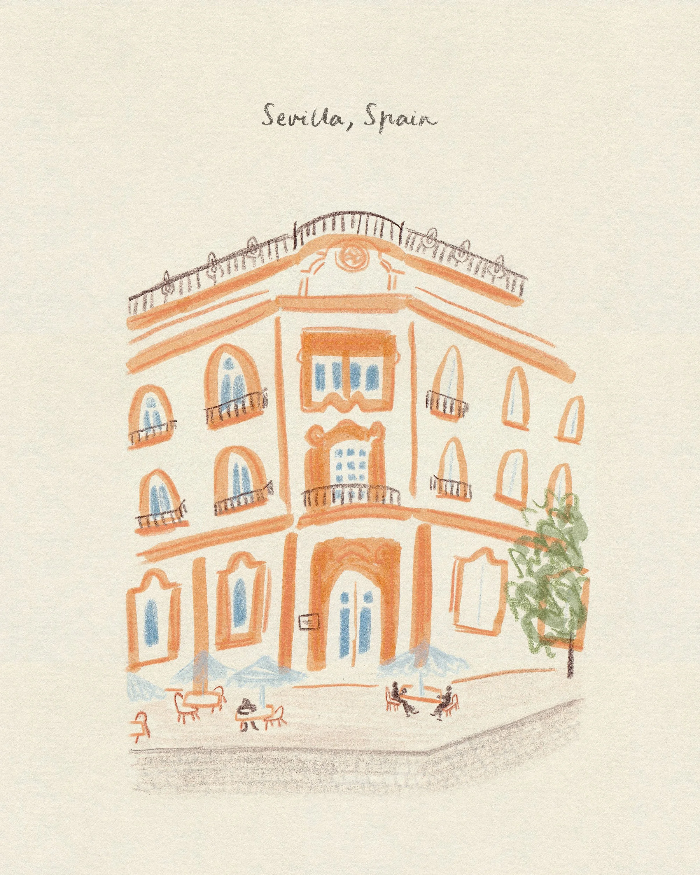 Mixed media drawing of a coffee shop exterior with people sitting at tables in Sevilla, Spain.