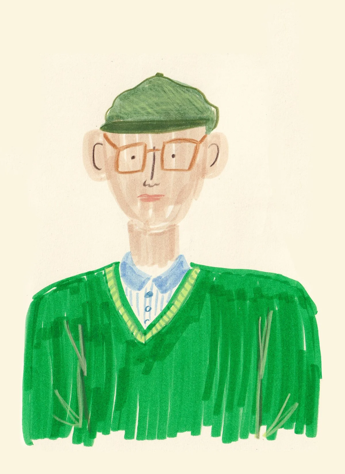 Mixed media drawing of a man with square glasses wearing a green sweater and hat.