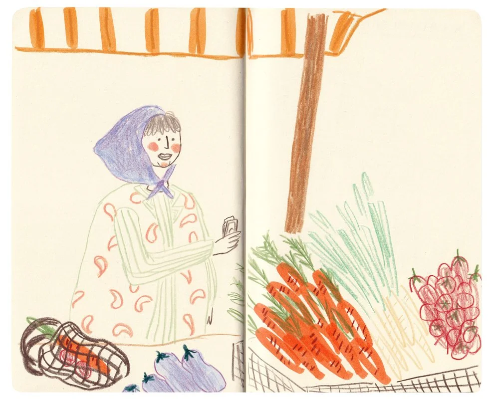 Mixed media drawing of a woman paying for produce at a farmer's market.