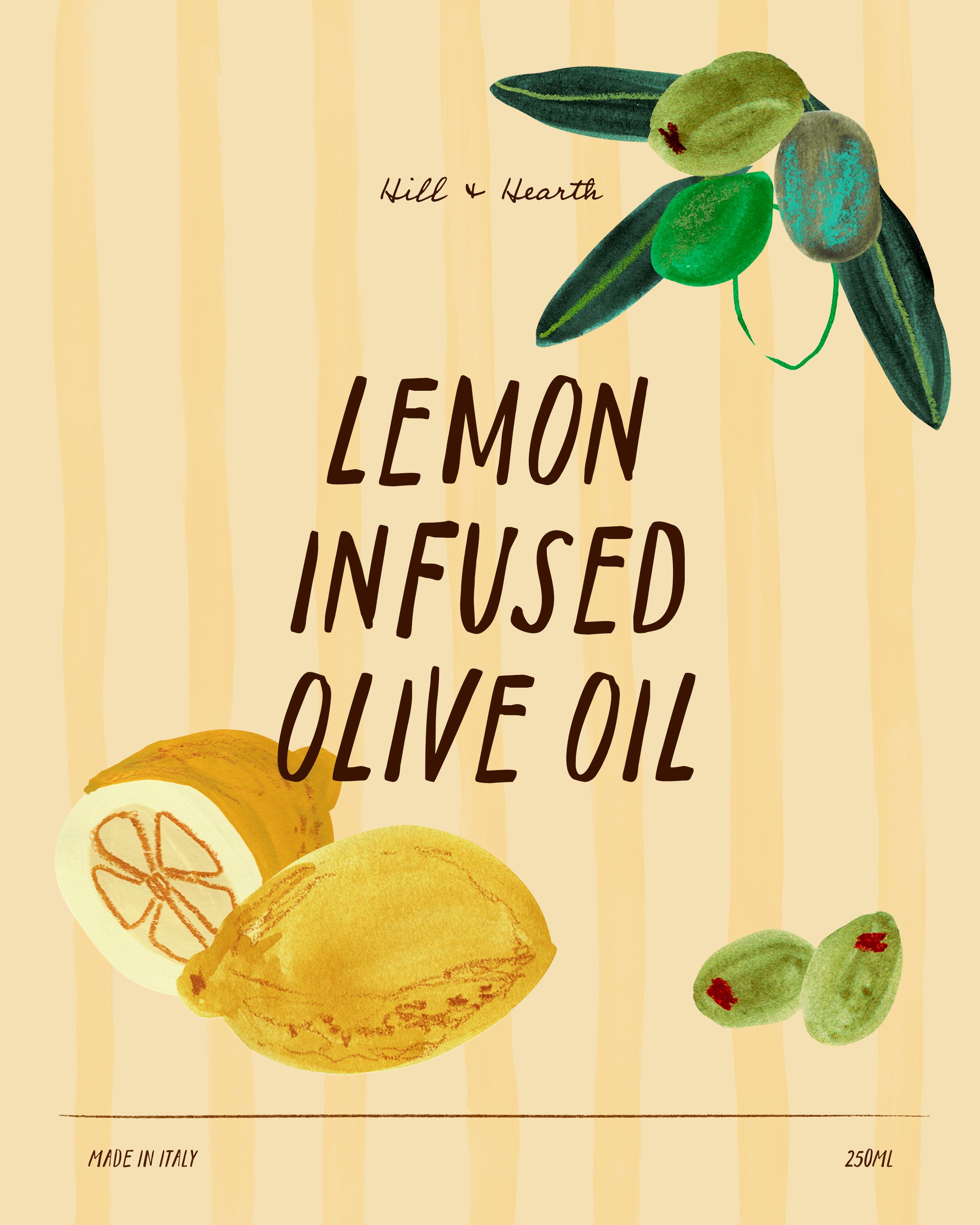 Lemon infused olive oil label design featuring illustrated lemon and olive branch.