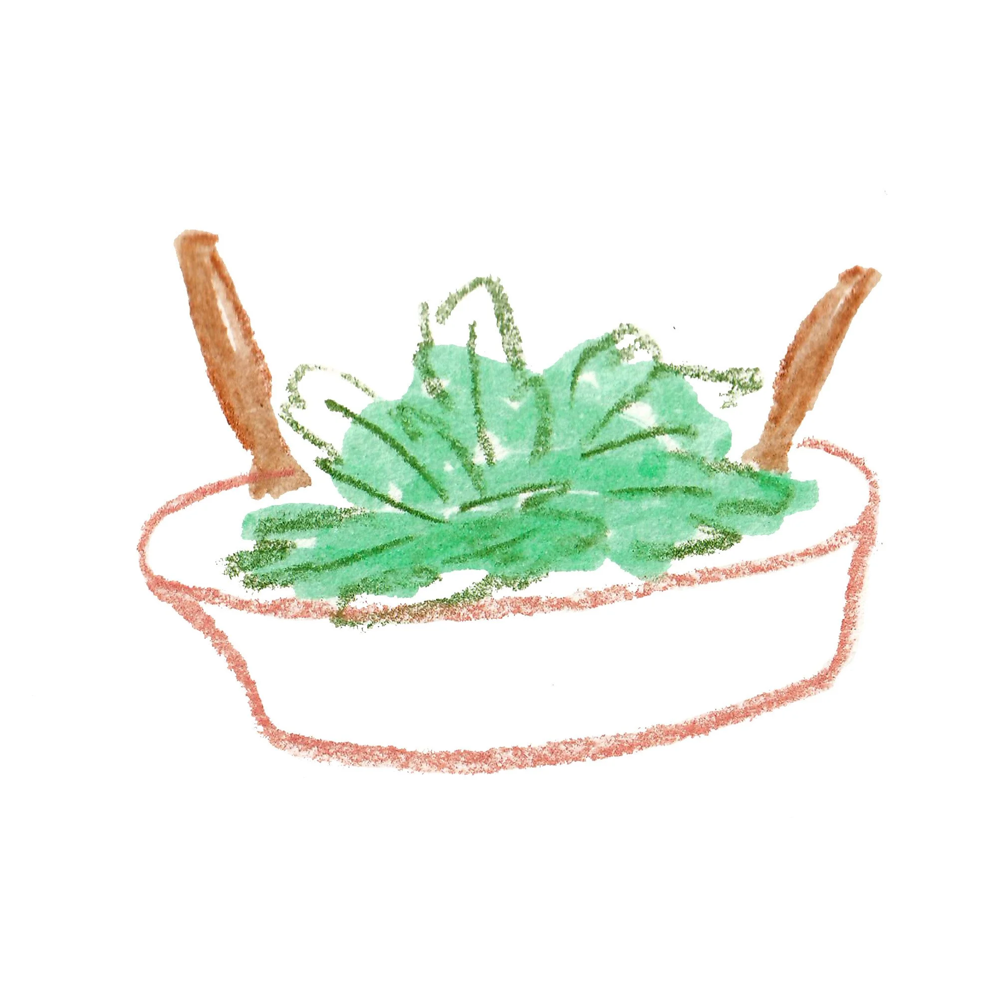 Mixed media illustration of a spring salad in a large bowl with wooden serving utensils.
