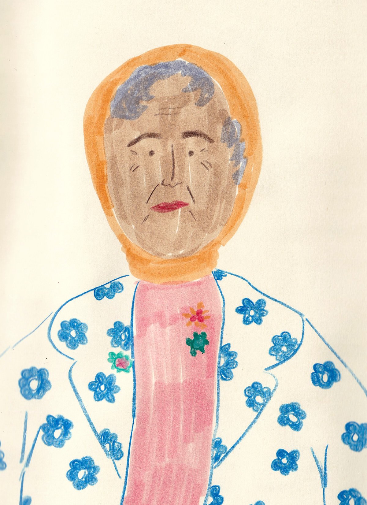 Mixed media drawing of an older woman wearing an orange scarf around her head and jacket with a blue flower pattern.