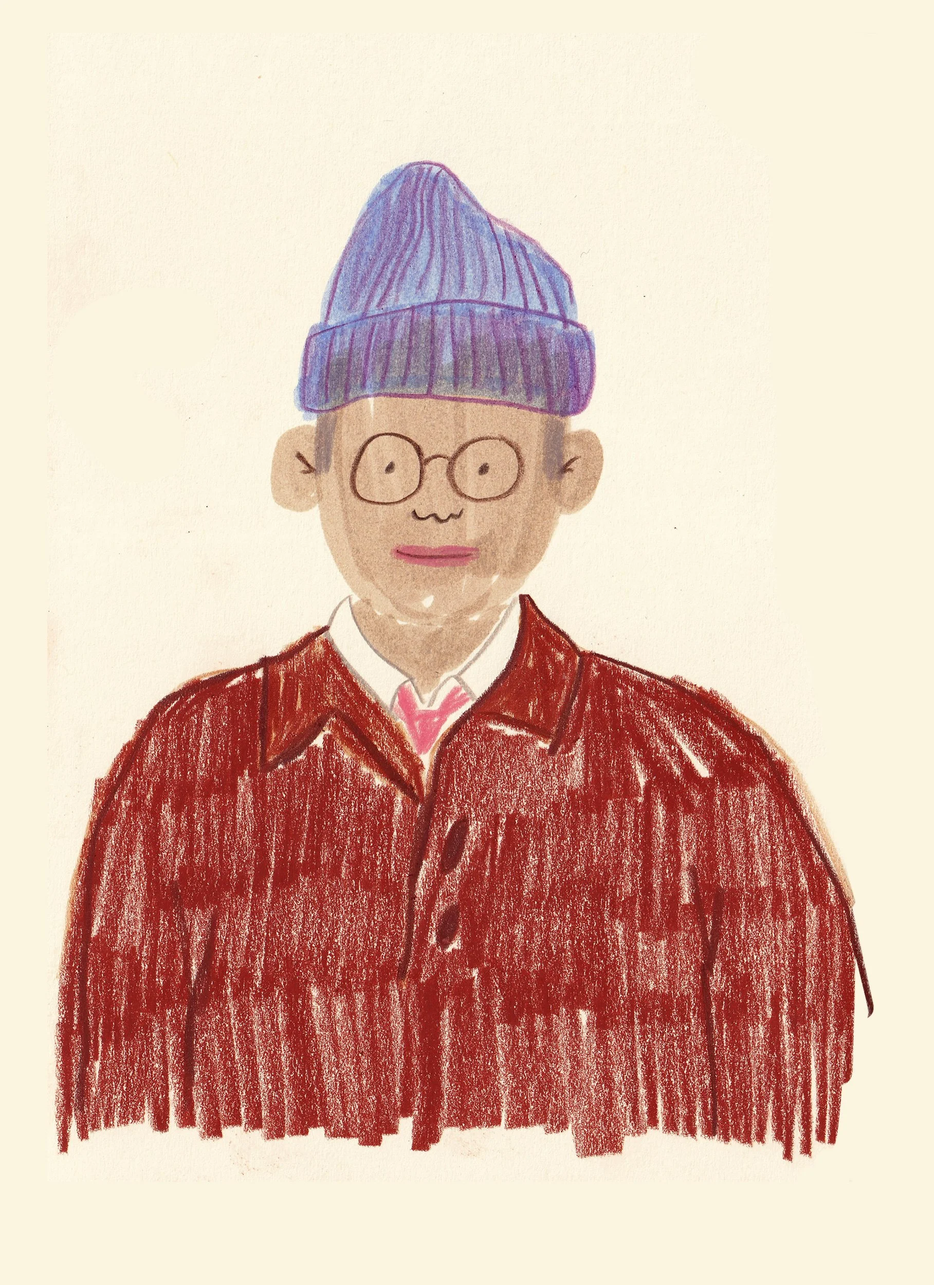 Mixed media drawing of a man with round glasses wearing a brown jacket and purple hat.