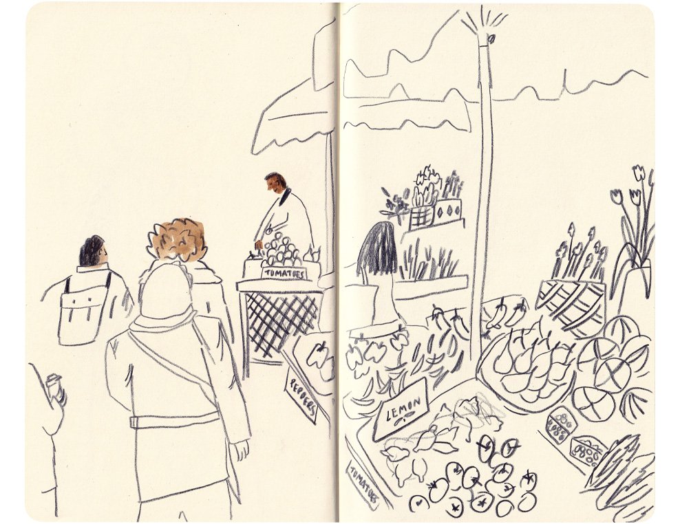 Mixed media drawing of vendors and people browsing at a farmer's market. 