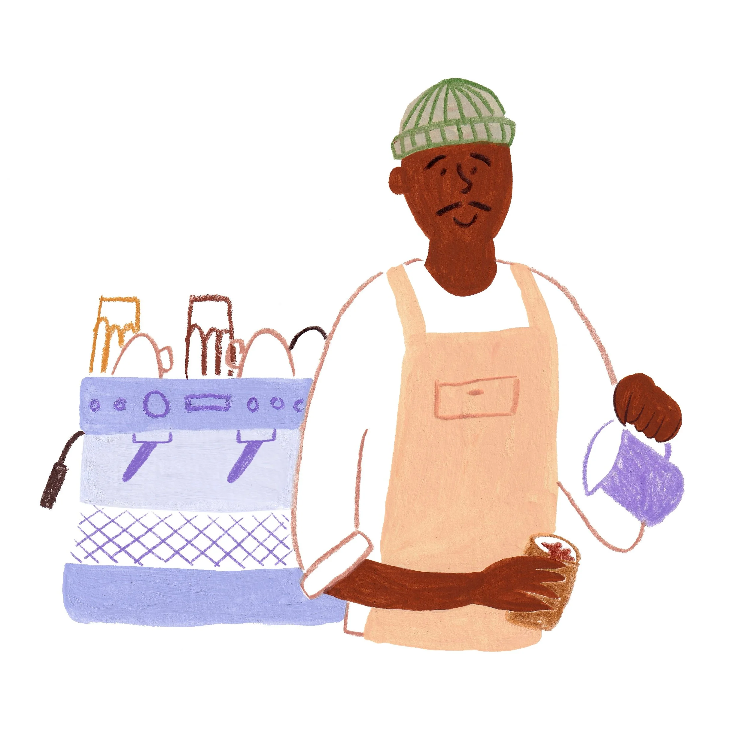 Mixed media illustration of a barista pouring steamed milk into a to-go cup with espresso machine behind him.