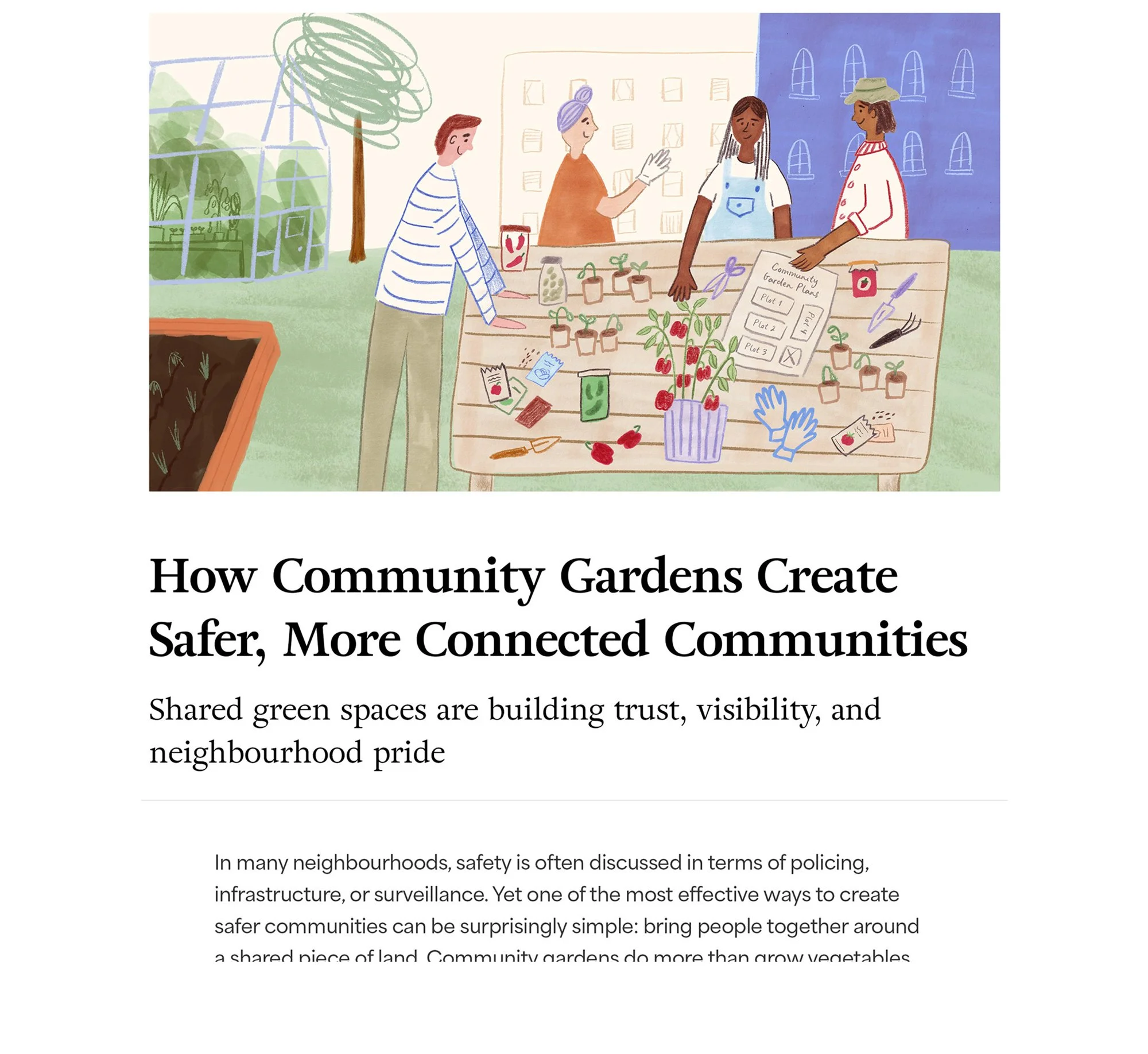 Website article layout featuring mixed media illustration of neighbours planning a community garden.