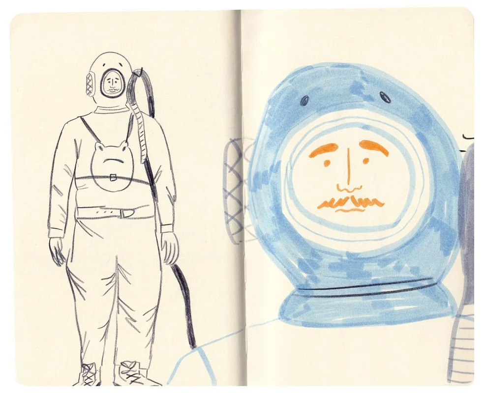 Mixed media drawing of a vintage scuba diver and a close up drawing of a person wearing a vintager diver's helmet.