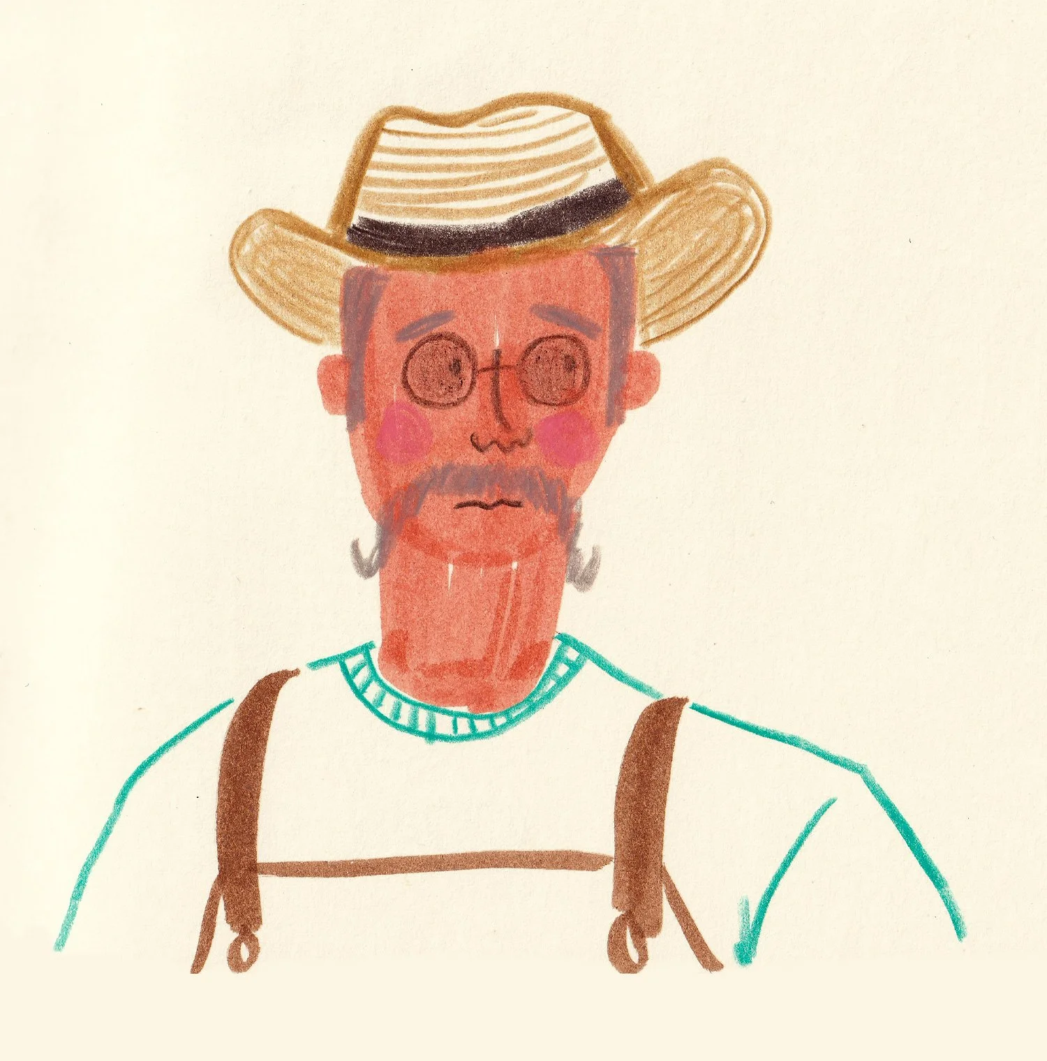 Mixed media drawing of a farmer with sunglasses wearing a overalls and a straw hat.
