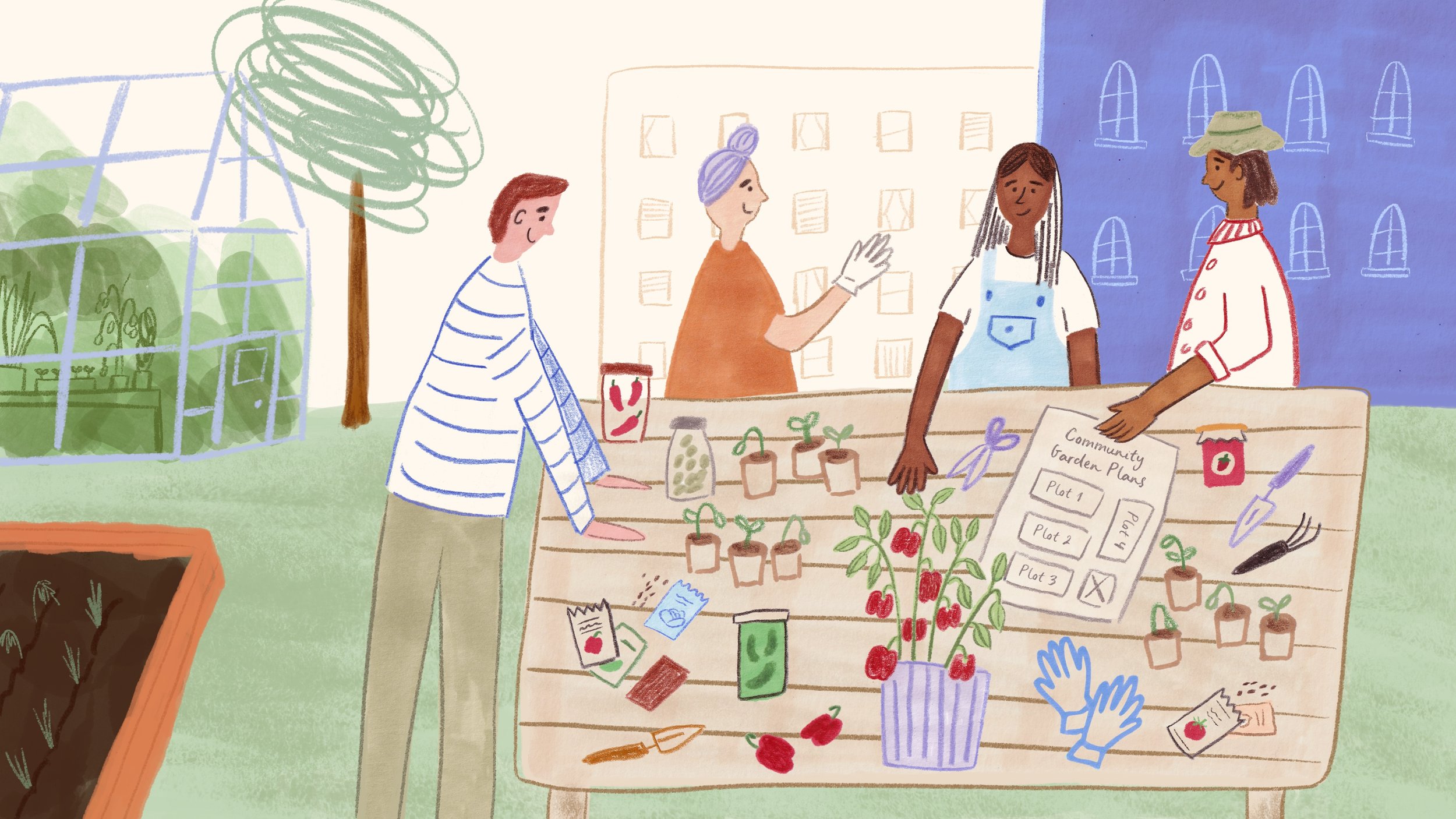 Mixed media editorial illustration of four diverse neighbors planning a community garden around a wooden table outdoors.