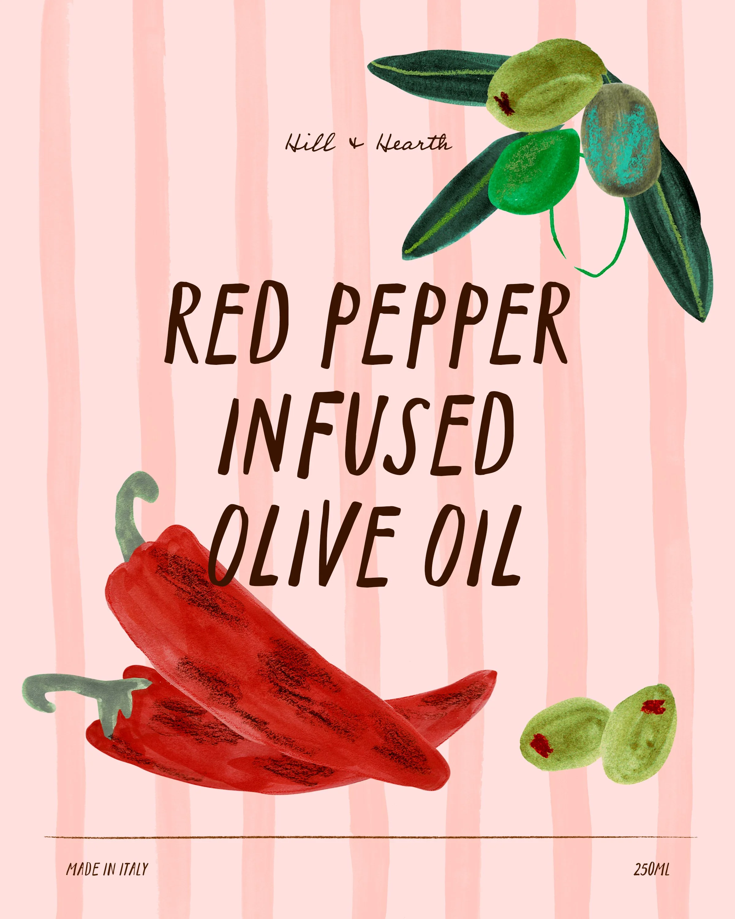 Red pepper infused olive oil label with mixed media illustration of roasted peppers and olives.
