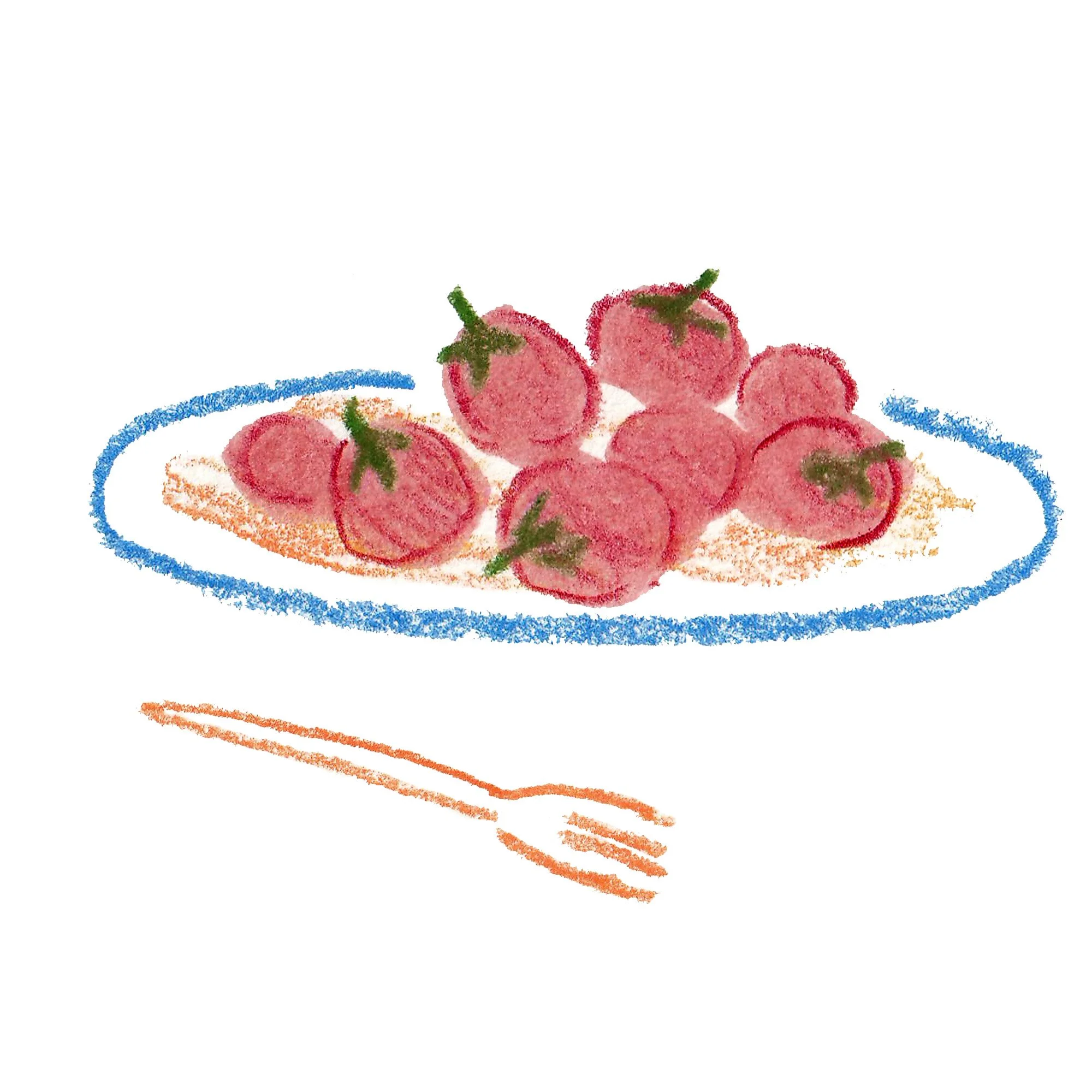 Mixed media illustration of tomatoes on a blue plate with a fork beside it.