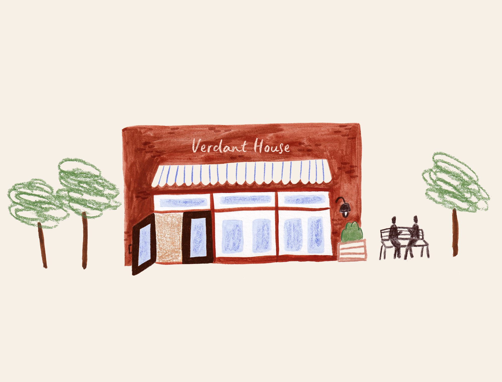 Animated mixed media illustrations of Verdant House coffee shop including café exterior, barista, customer, and hands cheering coffee cups.