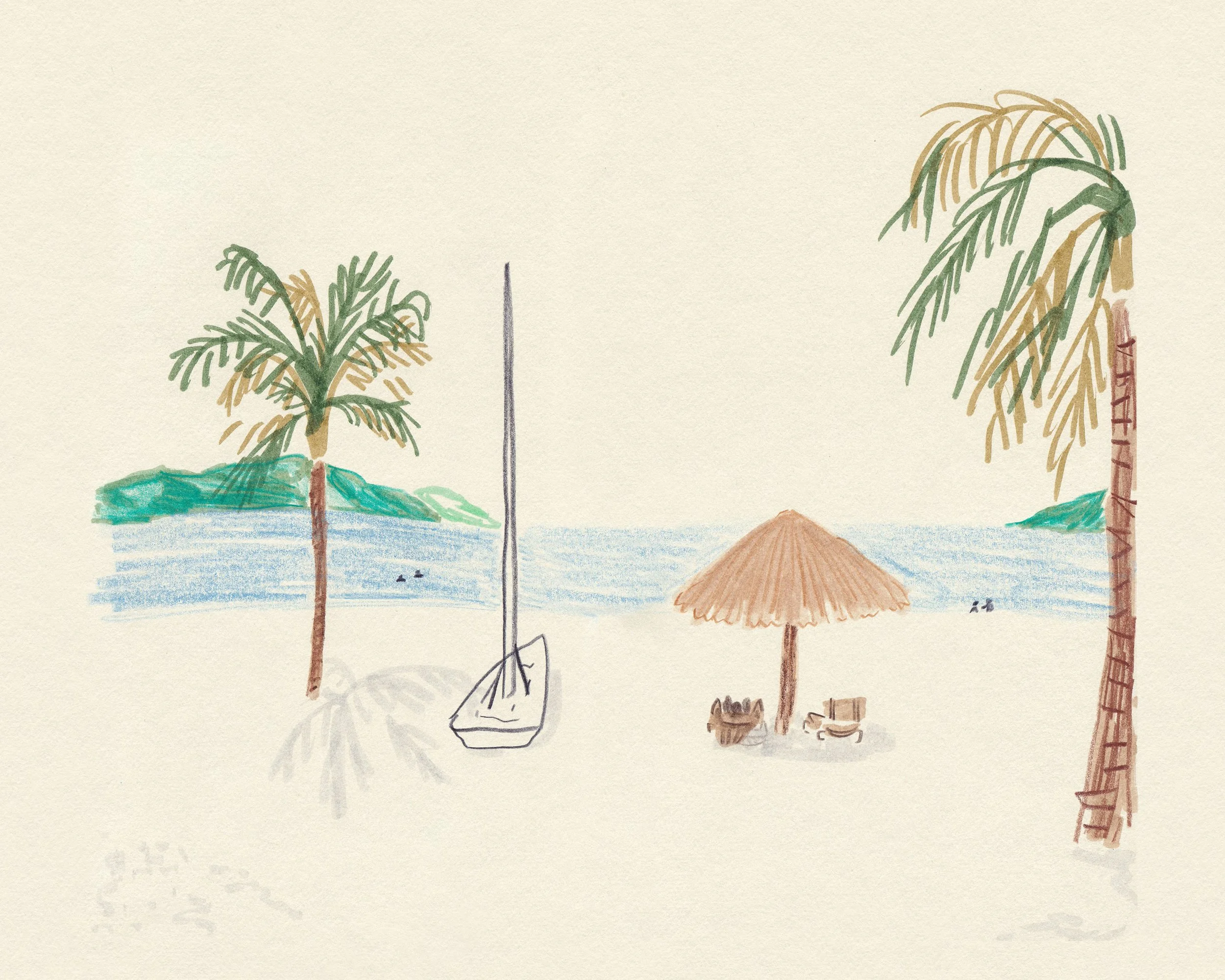 Mixed media drawing of a tropical beach with a beached sail boat, umbrella, people lying in chairs under umbrella, and palm trees.