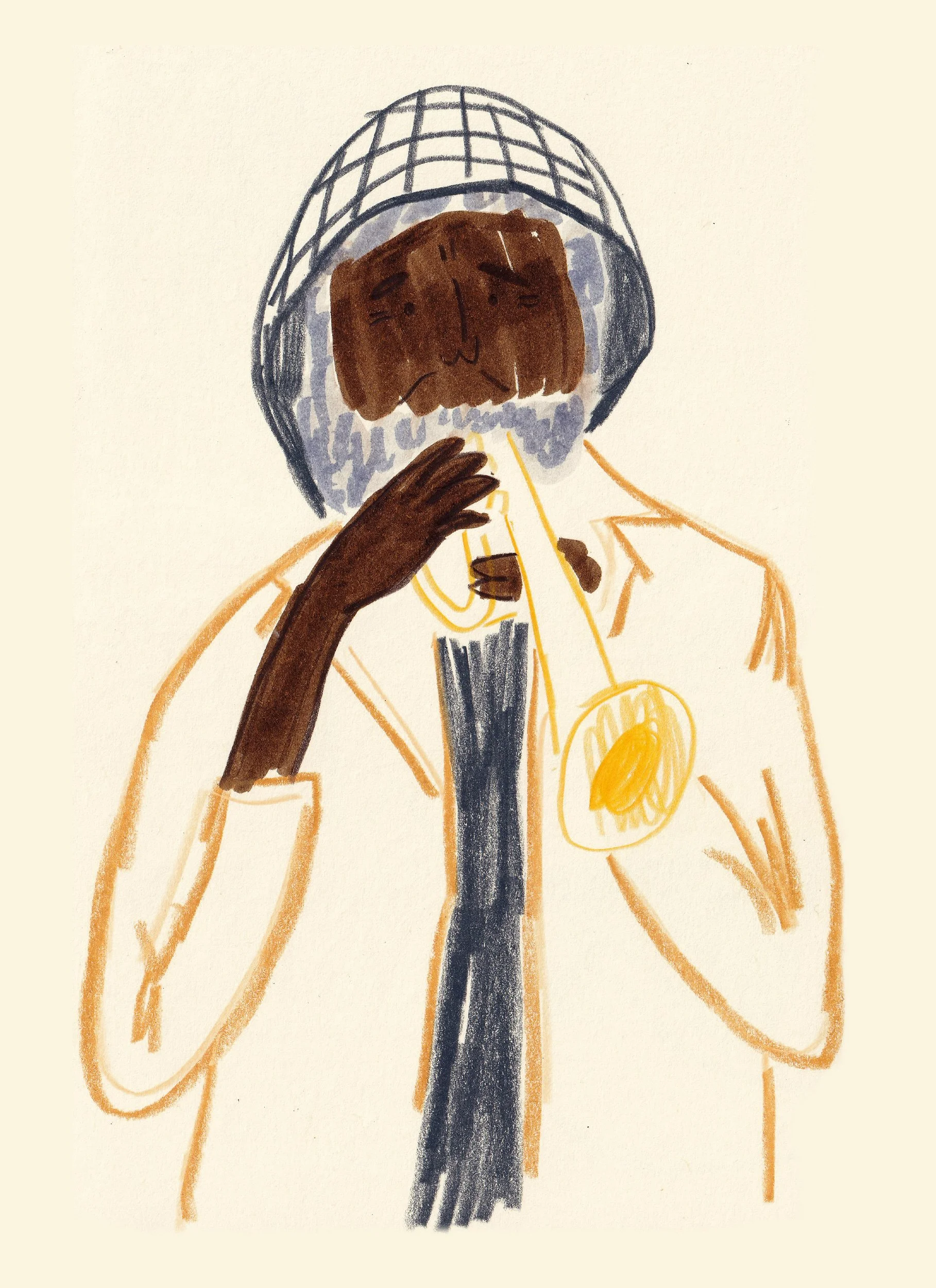 Mixed media drawing of a man playing the trumpet.