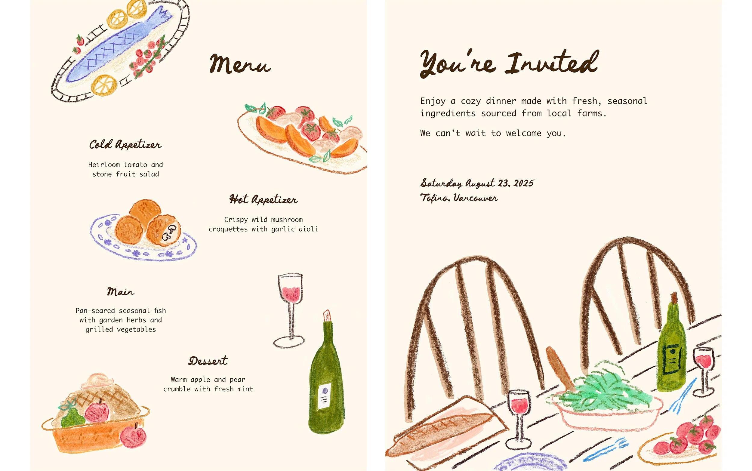 Hand drawn mixed media menu and invitation with food and tablescape illustrations on white background.