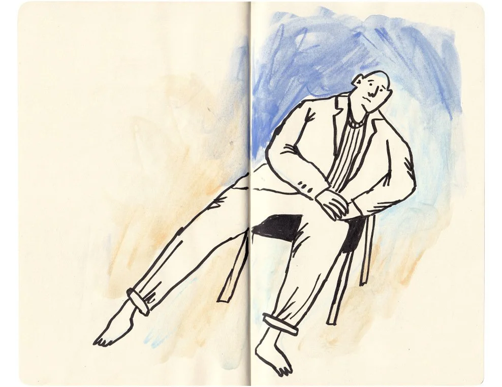 A line drawing of a man sitting in a chair with slightly distorted proportions.