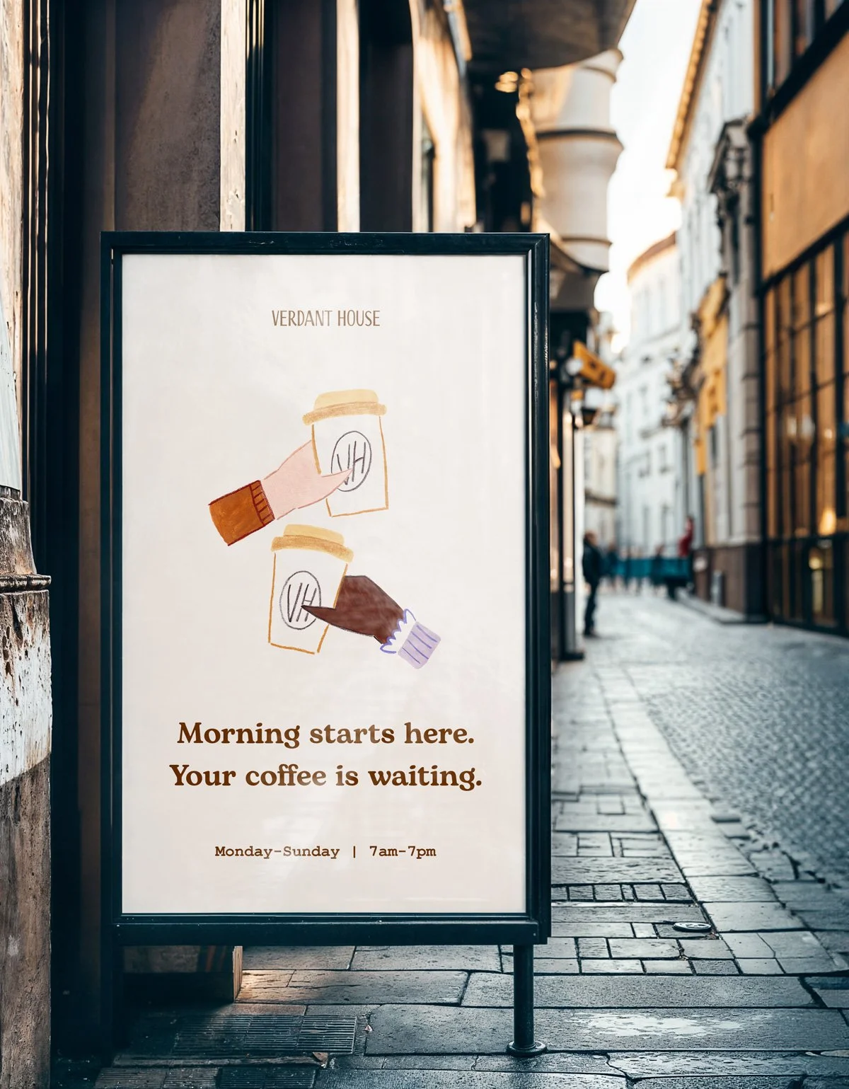 Sidewalk folding sign outside coffee shop with Verdant House logo, illustrated coffee cups, and opening hours.