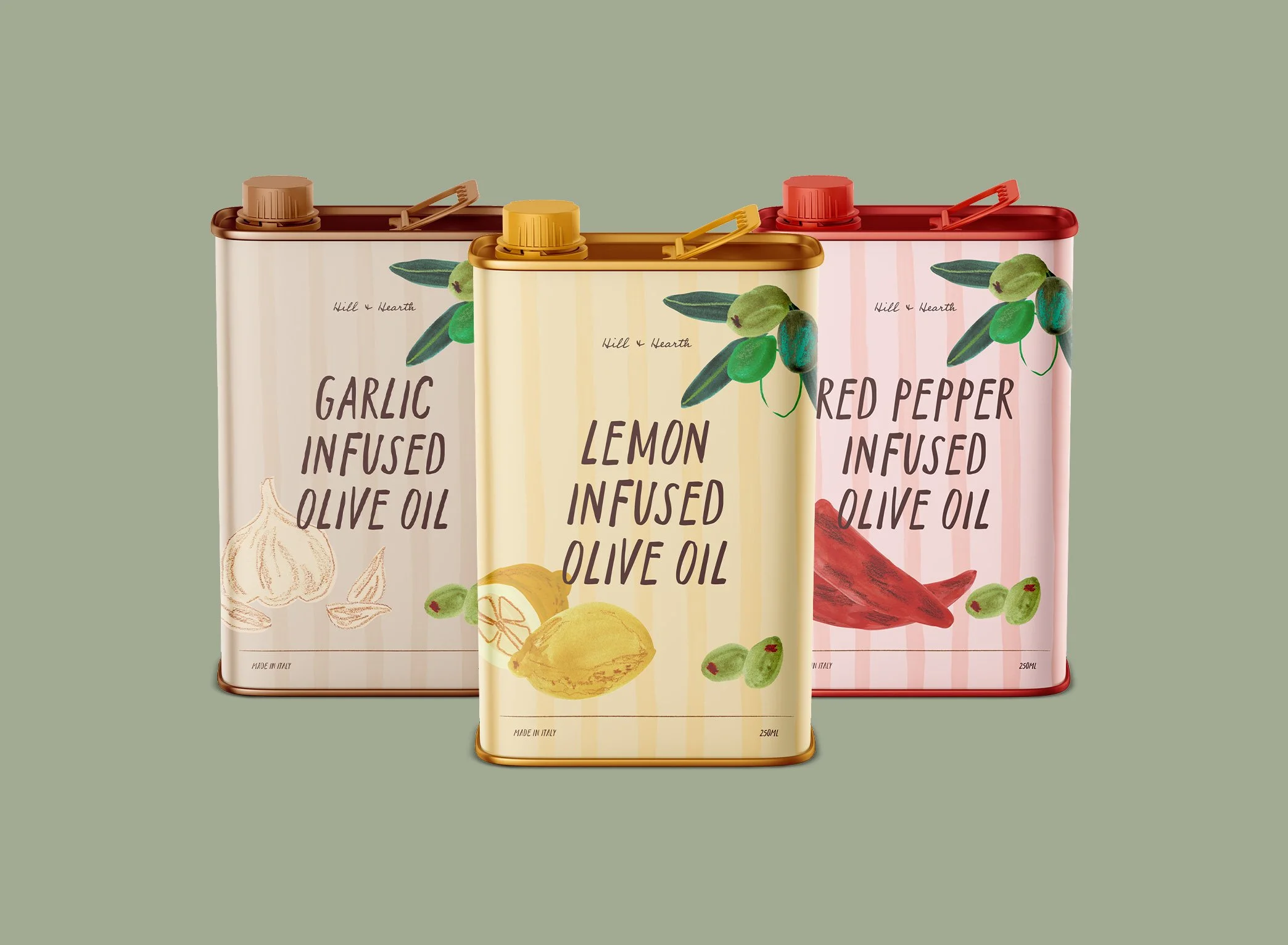 Three olive oil jugs with mixed media labels for lemon, garlic, and red pepper infused oils on olive green background.