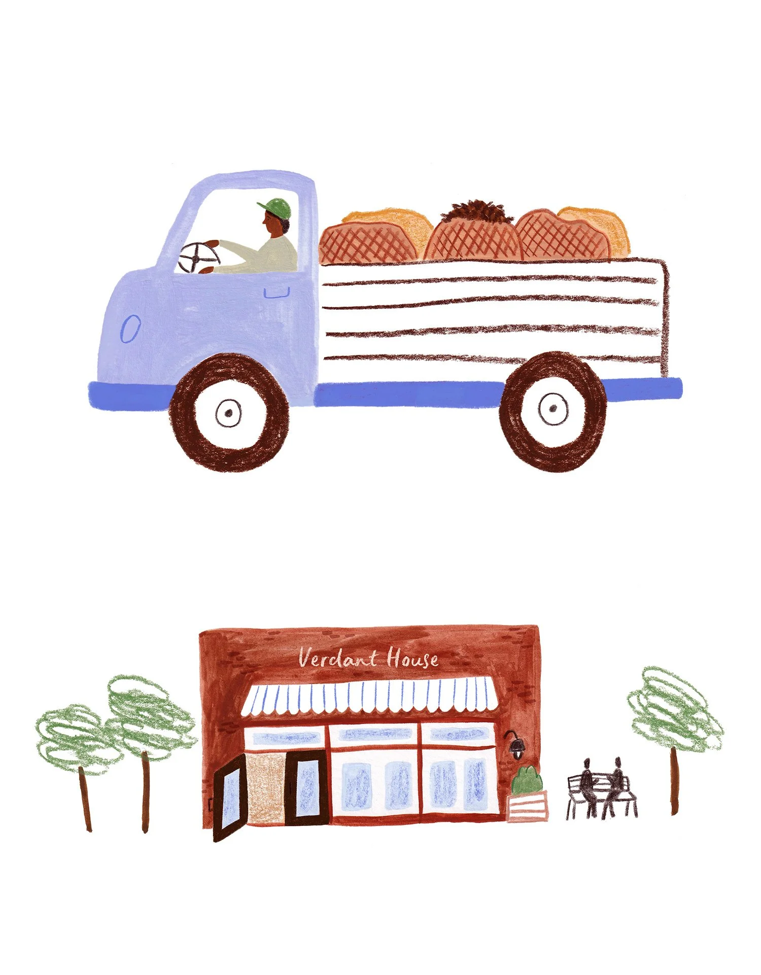 Mixed media illustration of a delivery truck transporting burlap sacks of espresso beans and a red brick coffee shop exterior with awning, logo, trees, and people sitting on a bench.