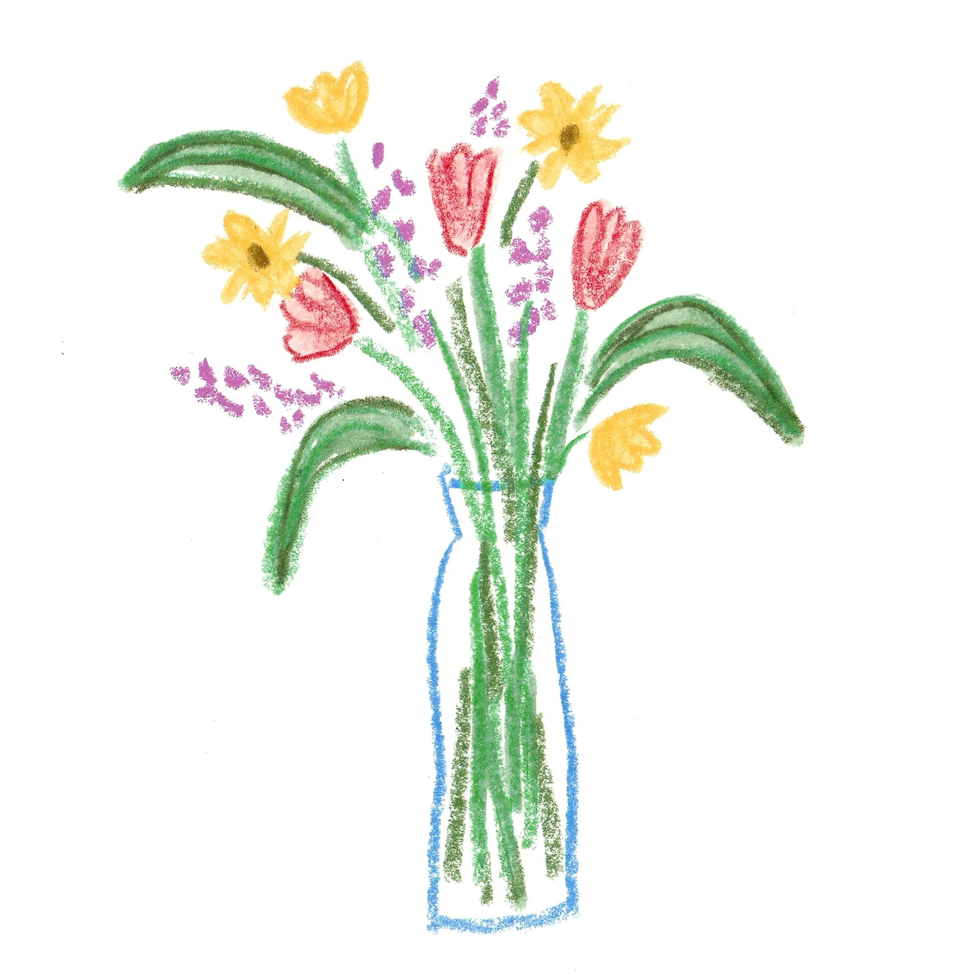 Mixed media illustration of a bouquet of yellow, red, and purple spring flowers in a vase.
