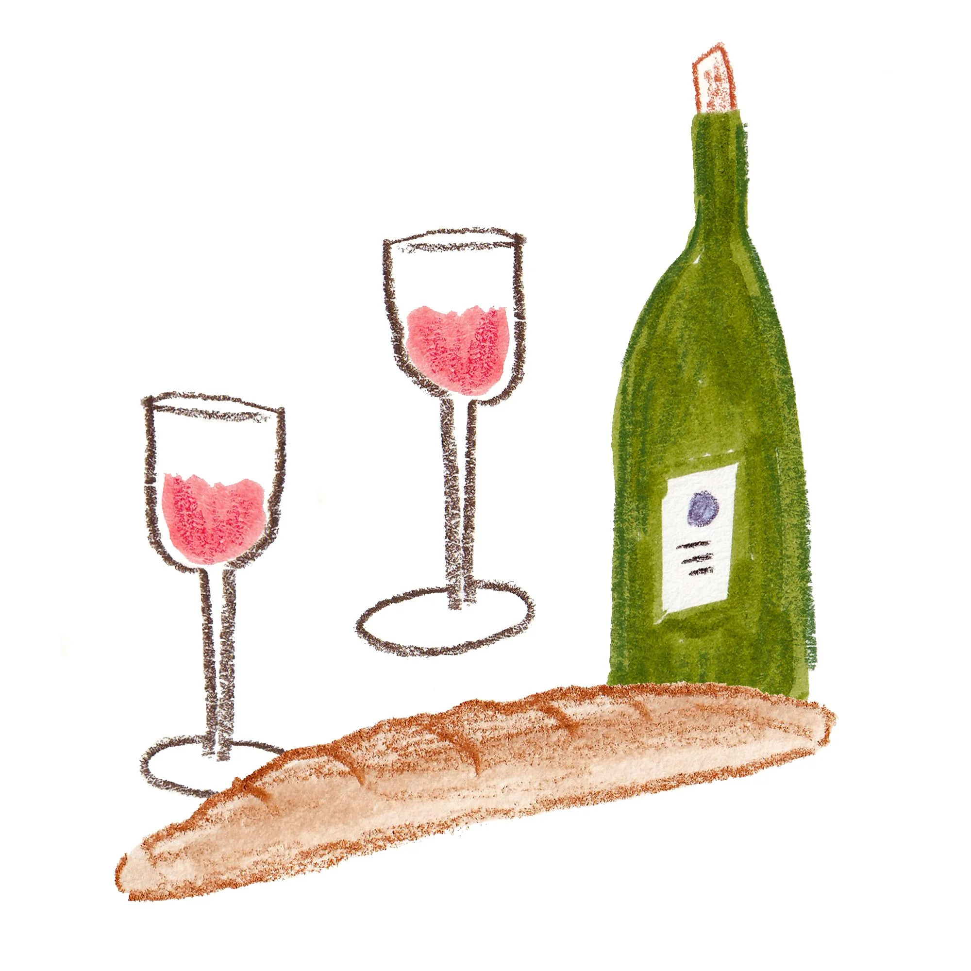 Mixed media illustration of a wine bottle, two glasses of red wine, and a baguette.