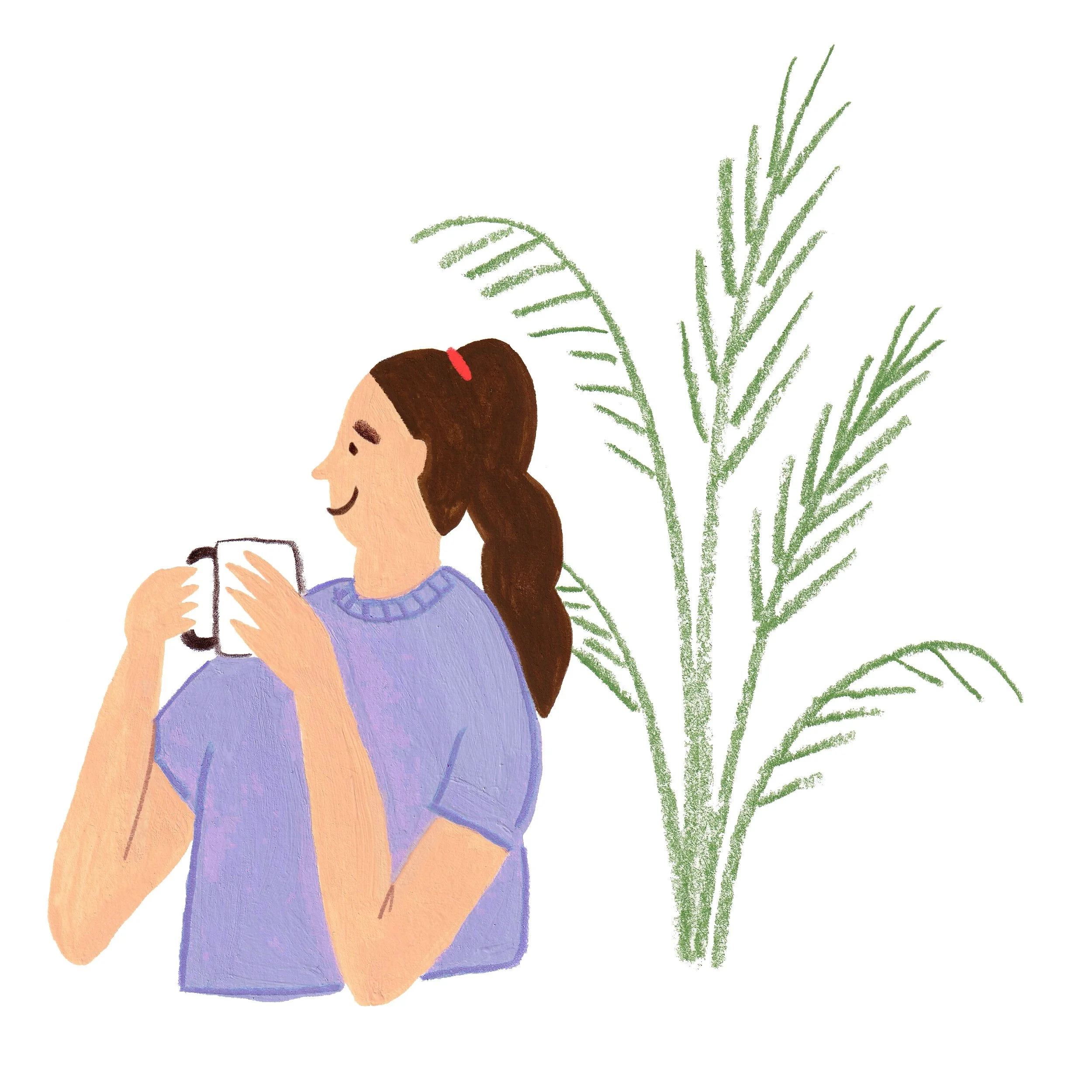Mixed media illustration of a woman drinking coffee at a café table with a large fern behind her.