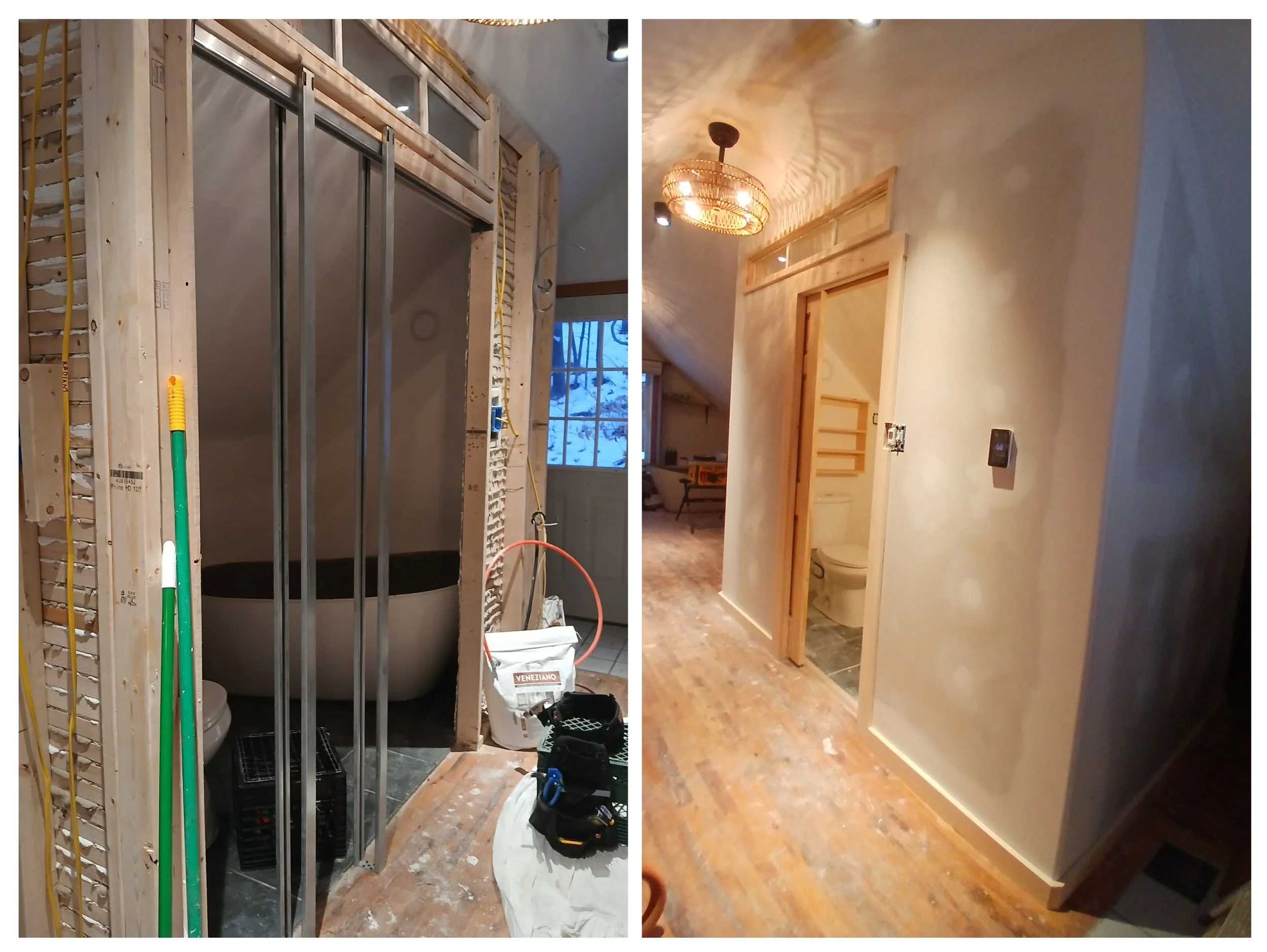 Side-by-side images showing a bathroom renovation. The left image depicts a partially constructed bathroom with exposed wooden framing, metal studs, and an oval bathtub. Construction tools and materials are visible. The right image shows the finished bathroom with smooth painted walls, a wooden trim, a decorative ceiling light, and a visible toilet in an open doorway.