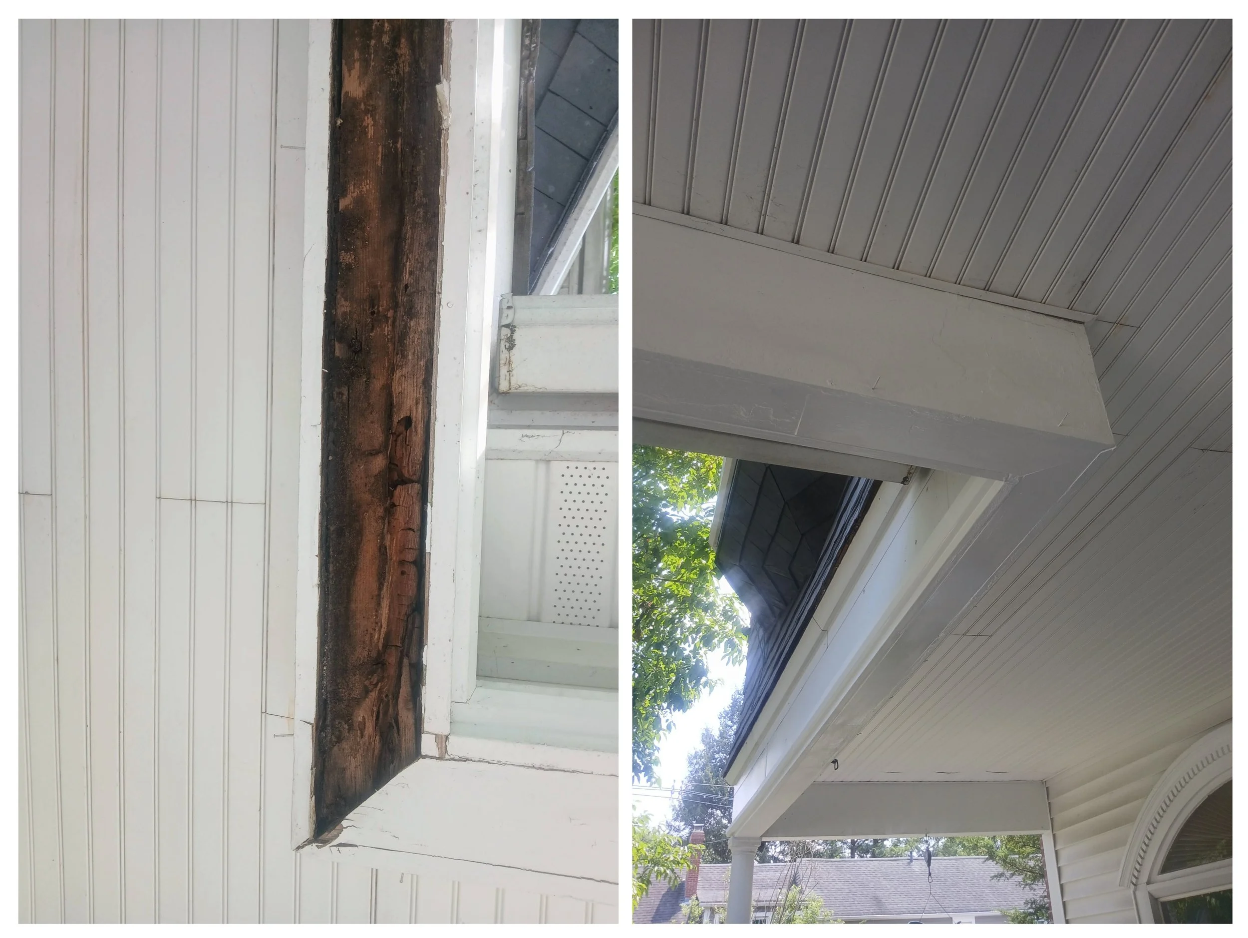 Side-by-side photos of a house interior. The left photo shows a damaged section of wall with exposed, rotting wood and peeling paint. The right photo shows a repaired area with a new, clean section of wall, a window, and a view of trees outside.