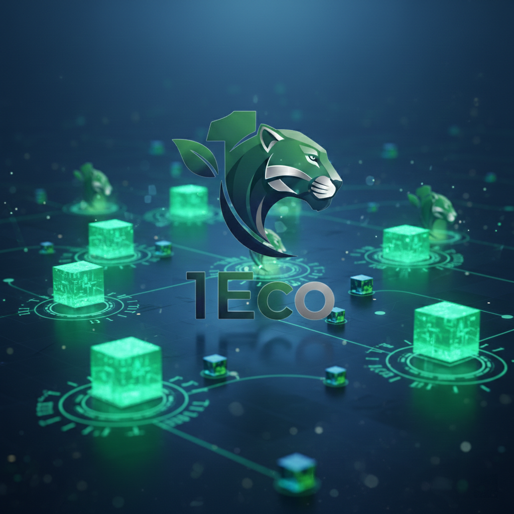 Digital illustration of a stylized lion with a green and black color scheme and a technological design, surrounded by glowing green cubes and circuit lines, with the text '1ECO' below it.